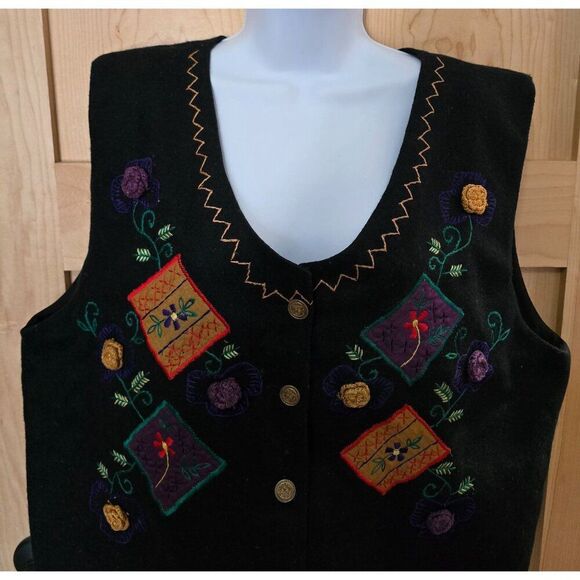 Vintage Wool Floral Embroidered Vest  Colorful Patchwork Design & Gold Buttons - Picture 4 of 10